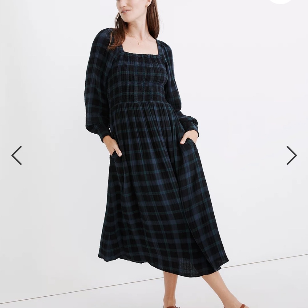 Madewell Lightspun Lucie Long-Sleeve Smocked Midi Dress in Livonia Plaid